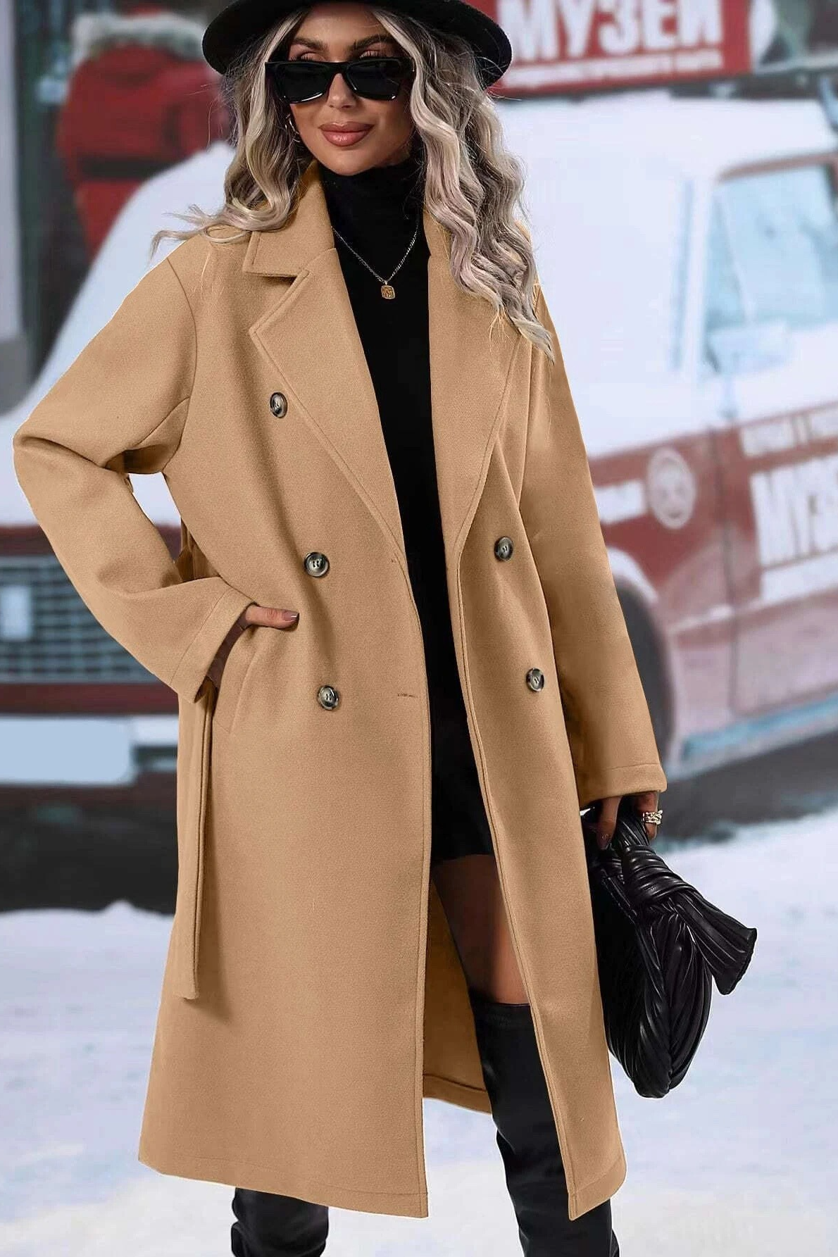Classic Double Breasted Wool Belted Chic Overcoat