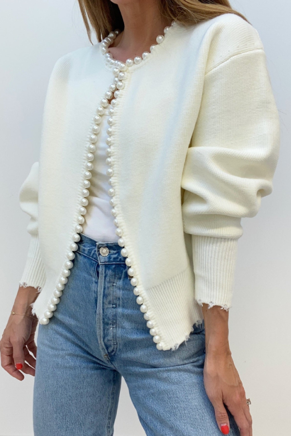 Pearl Trim Ripped Hem Cardigan