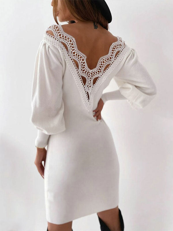 Women Bodycon Dress White V-Neck Casual Long Sleeves Pencil Wrap Dresses