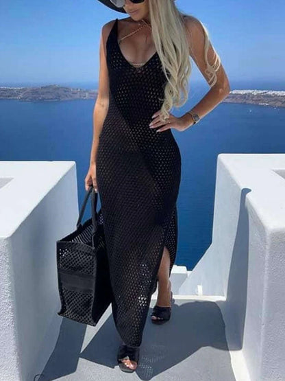 Free Spirited Hollow Out Knit Slit Cover-up Dress