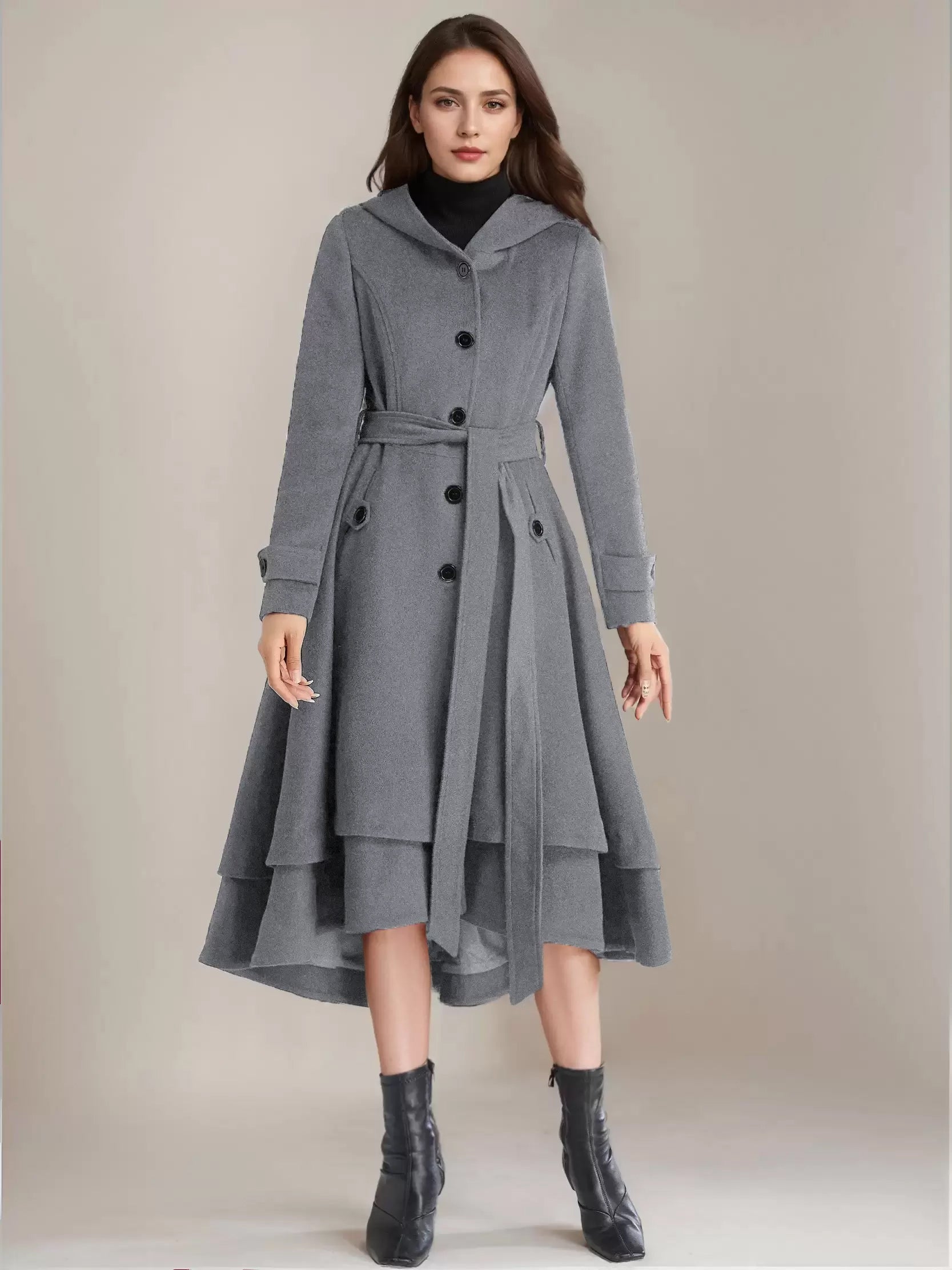 Woolen Flared Coat For Woman Hooded Belted A-line Vintage Winter Midi Outerwear 2026