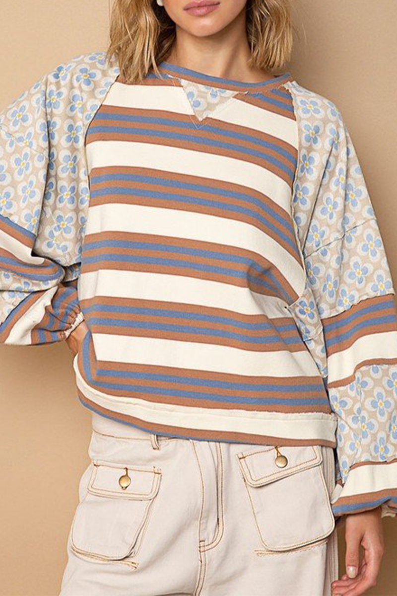 Casual Striped Print Flowers Contrast O Neck Hoodies