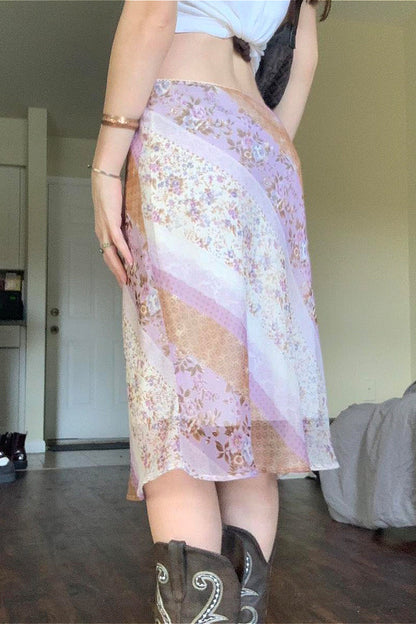 Mesh Spliced Floral Print A-Line Maxi Skirt