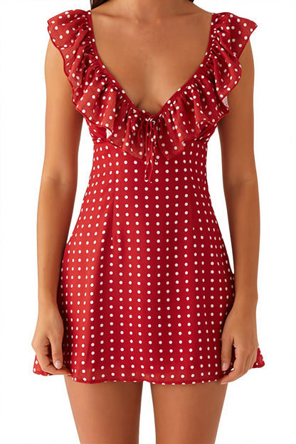 Floral Print Ruffle Trim V-Neck Bow Tie Cap Sleeve Fit and Flare Mini Dress