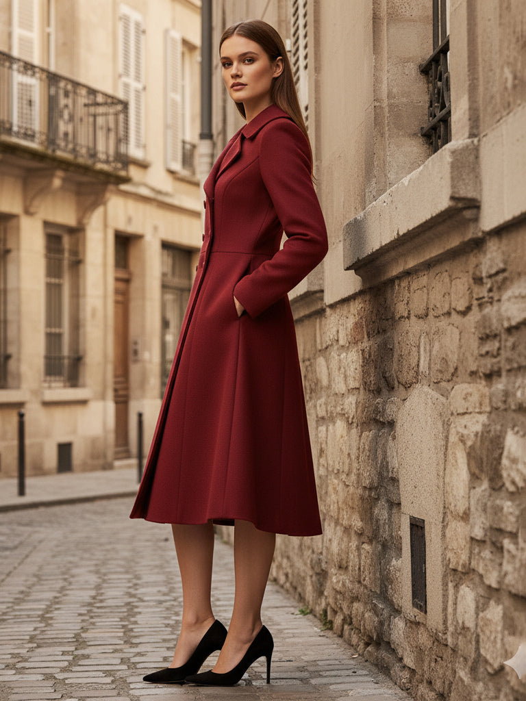 Double-Breasted Wool Blend Midi Coat With Flared A-Line Silhouette For Women 2026
