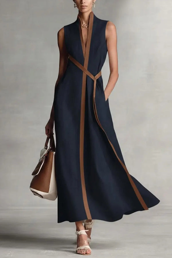Linen Blend Color-blocked Edging V-neck Sleeveless Loose Maxi Dress