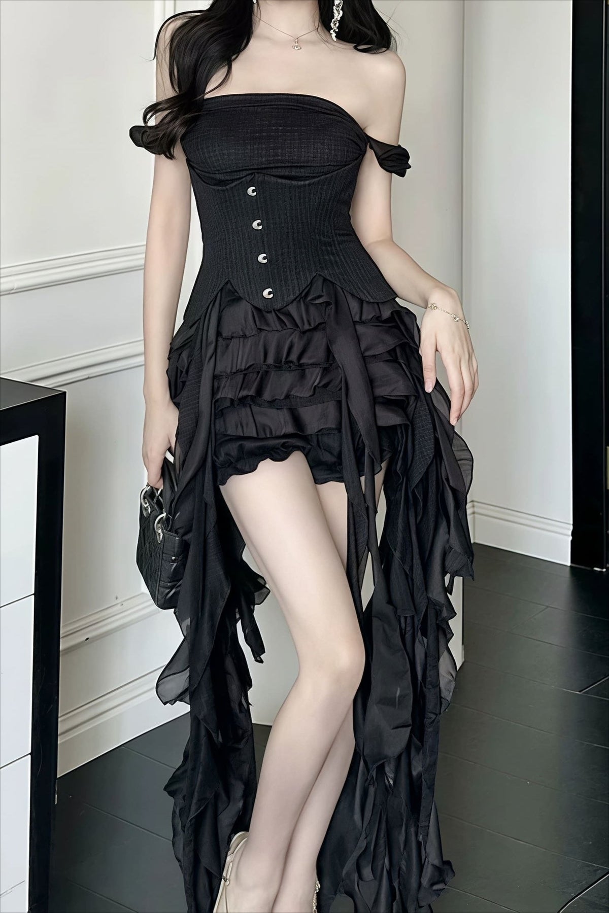 Halter Corset Button Front Detached Ruffle Sleeve Shredded Fringe Mini Dress