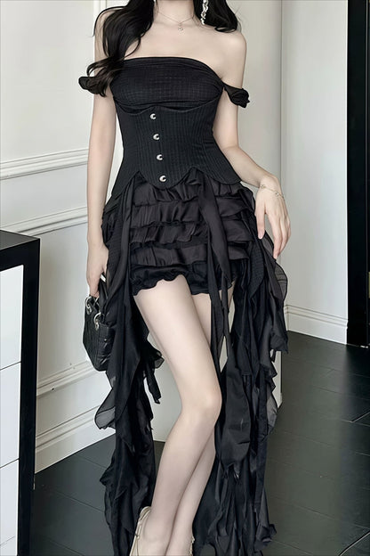 Halter Corset Button Front Detached Ruffle Sleeve Shredded Fringe Mini Dress