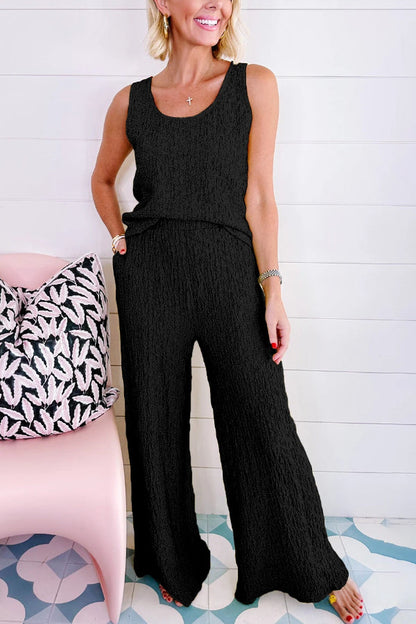 Yellow Crinkled U Neck Tank and Wide Leg Pants Set