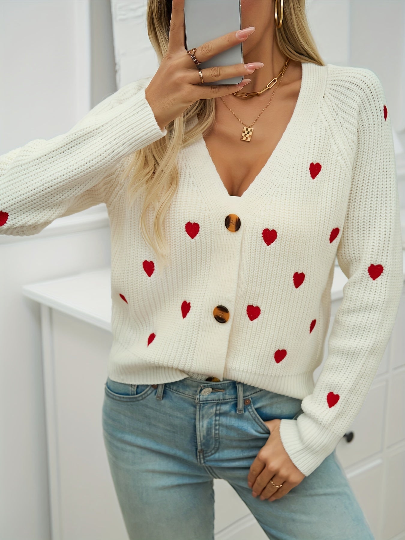 Women's V-Neck Heart Print Knit Cardigan – Button-Up Sweater