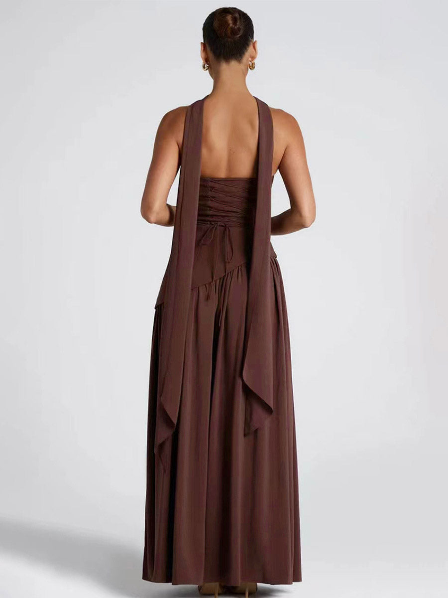 Asymmetric Design Strapless Maxi Party Dress With Scarf For Women 2026