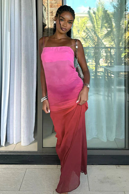 Gradual Print Chiffon Fashion Suspender Maxi Dress