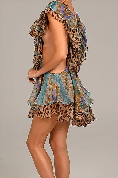 Floral Spotted Mixed Print Deep V Ruffle Tiered Chiffon Mini Dress