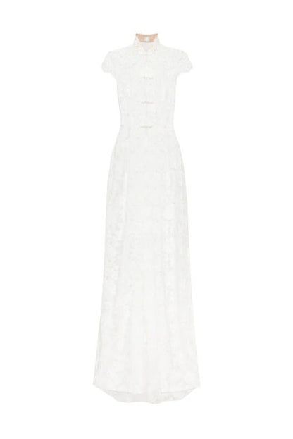 Saphina Floral Lace Pipa Knot Detail Short Sleeve Center Front Slit Maxi Top