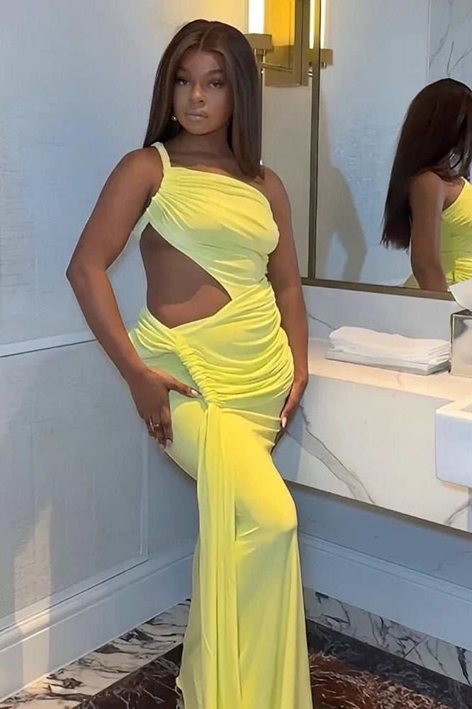 One Shoulder Side Cutout Ruched Hip Knot Drape Maxi Dress