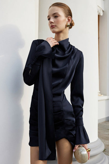 Mock Neck Draped Bodice One Bell Sleeve Scarf Detail Tiered Ruched Satin Mini Dress