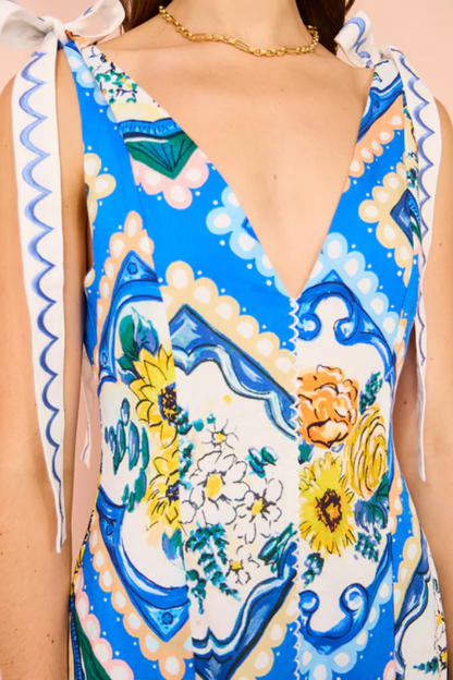 Tie Shoulder Maxi Dress In Azure Floral