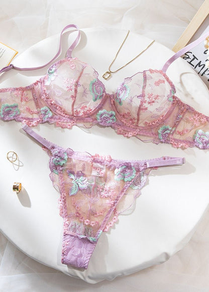 Blush Petal Embroidered Sheer Lingerie Set