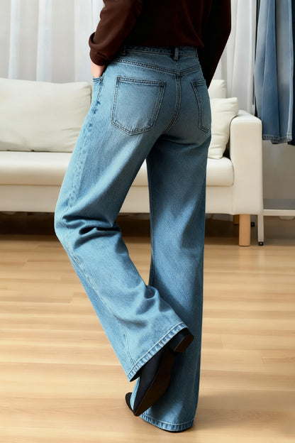 Stylish Casual Loose Pockets Straight-leg Wide-leg Jeans