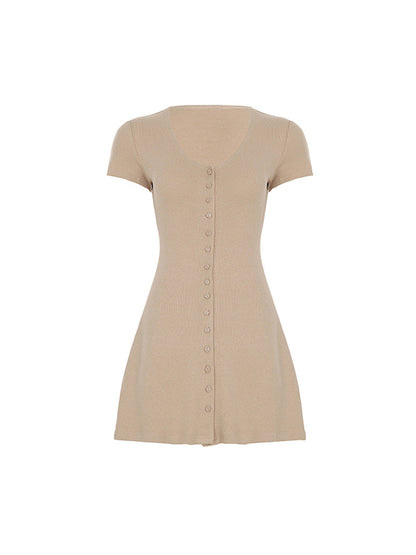 Row Buttons V-Neck Solid Colour Mini Dress