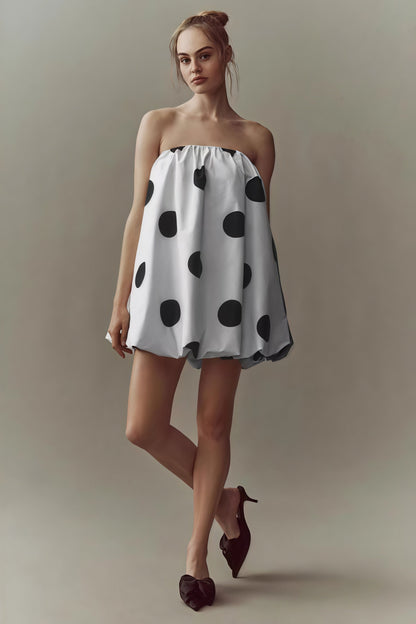 Polka Dot Strapless Gathered Bubble Hem Tent Mini Dress