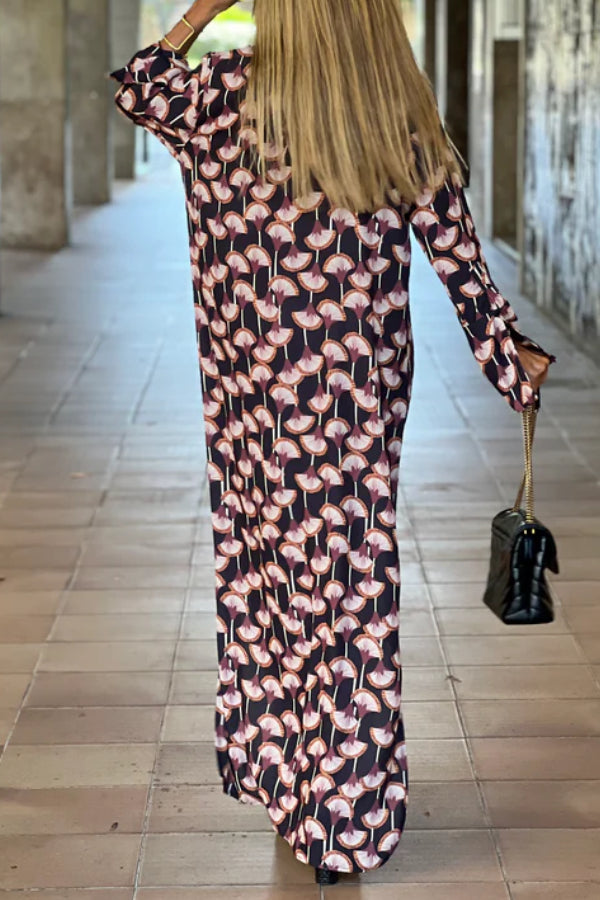 Women's Fashion Printed V Neck Long Sleeve Maxi Dress