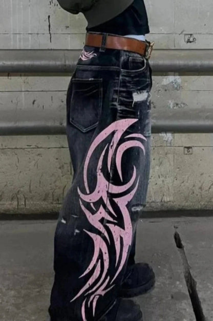 Gothic Print Wide-Leg Jeans