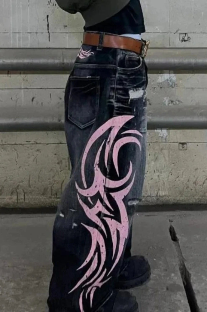 Gothic Print Wide-Leg Jeans