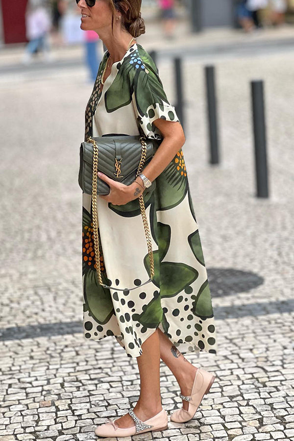 Green flower v-neck short-sleeved loose dress