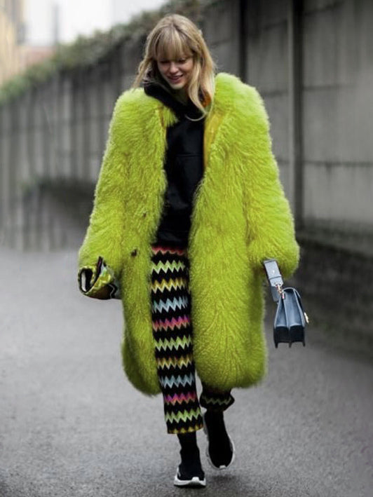 Faux Fur Coat With Notched Lapel Solid Color Eco-friendly Winter Long Jacket For Women 2026