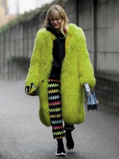 Faux Fur Coat With Notched Lapel Solid Color Eco-friendly Winter Long Jacket For Women 2026