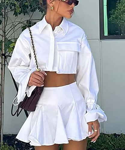 White Pockets Crop Pleated Mini Office Two Piece Set