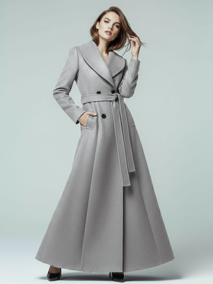 Woolen Belted Maxi Coat With Shawl Collar And Double-breasted For Women 2026