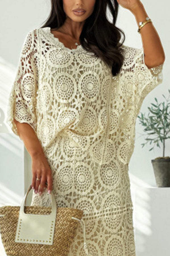 Pasarello Crochet Cutout Wide Neck Batwing Half Sleeve Loose Cover-up Top