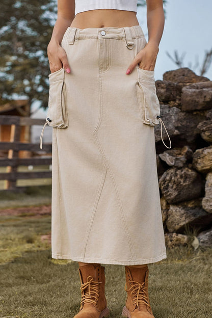Vintage High-Waist Denim Cargo Midi Skirt