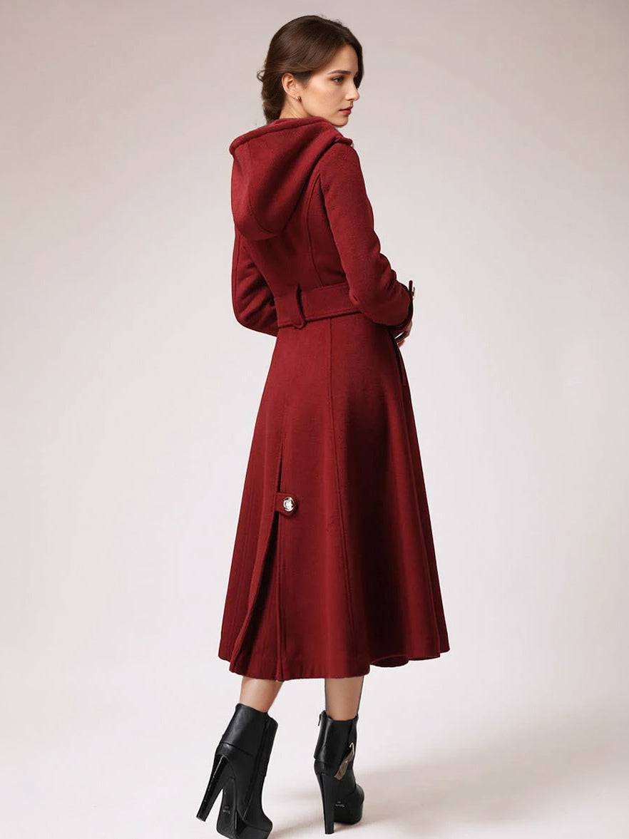 Double-breasted Woolen Coat With Hood Burgundy Belted Winter Long Outerwear For Women 2026