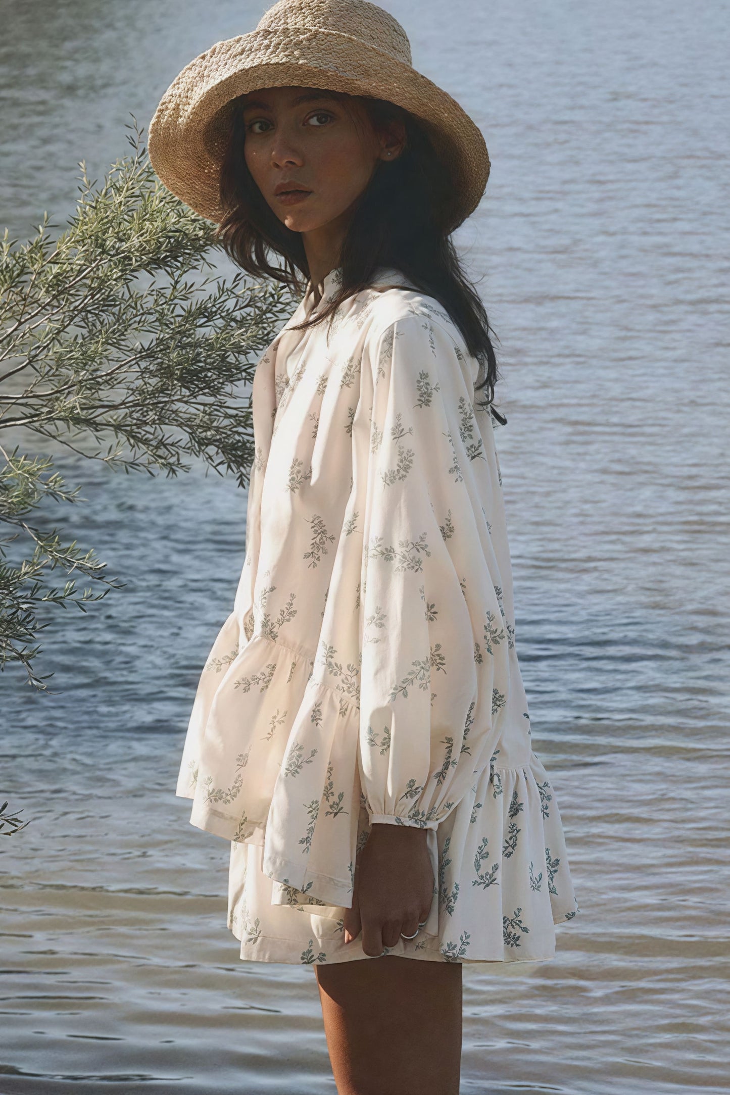 Puff Sleeve High Neck Ruffle Floral Two Piece Set