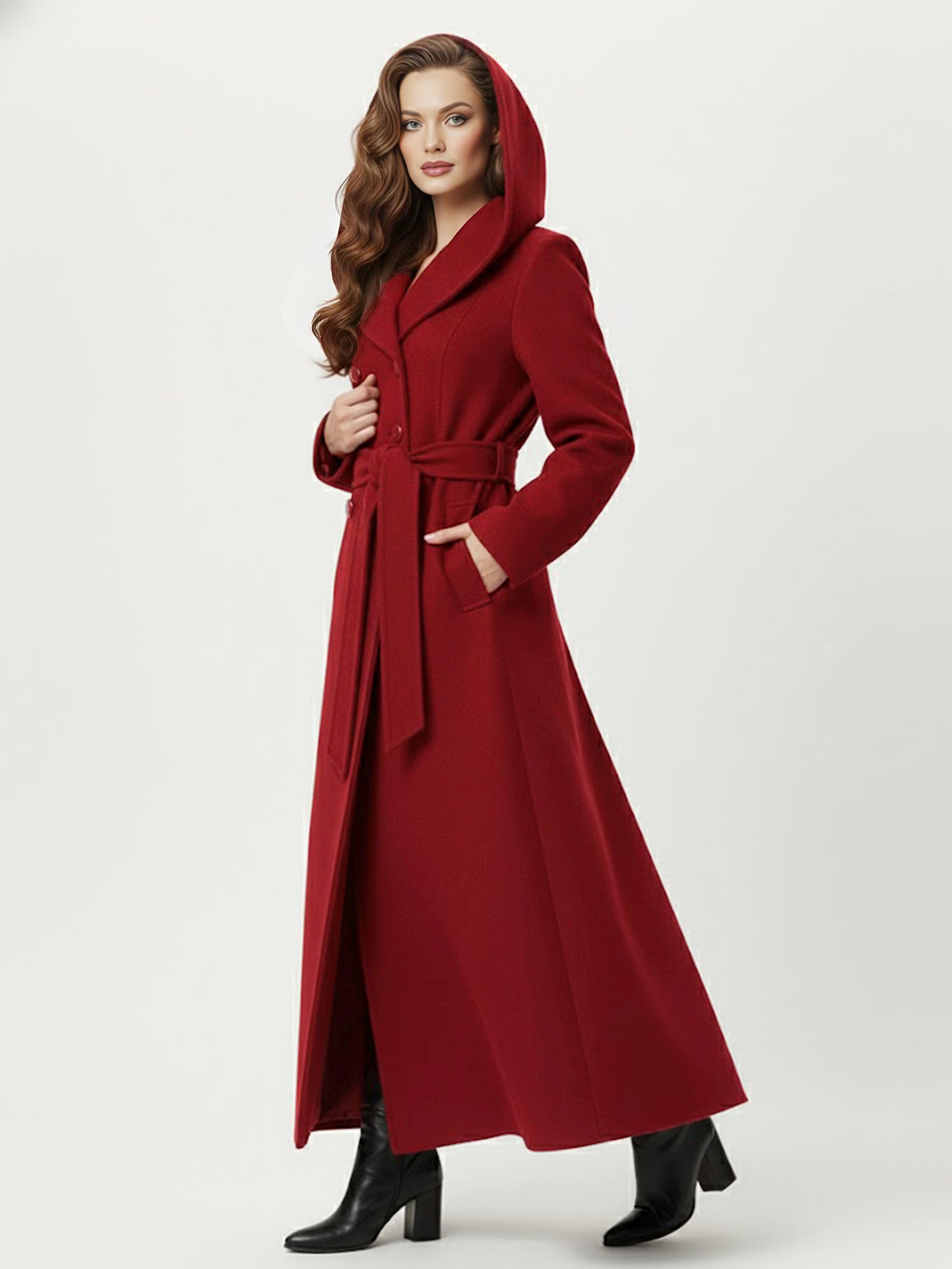 Wool Blend Maxi Hooded Coat With Double-Breasted Design For Women 2026