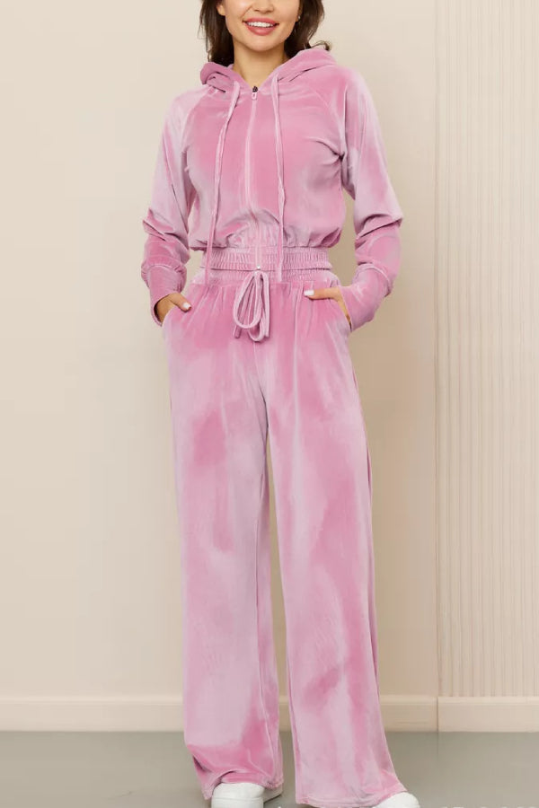 Fashion Zipper Open Velvet Casual Two -piece Suit