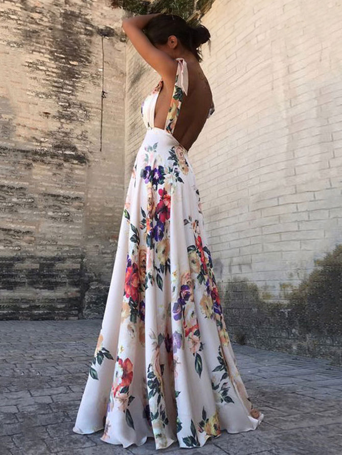 Floral Chiffon Backless Women Maxi Dress - Cream Boho Tie Shoulder A Line Sundress - Summer Beach Wedding Guest Party 2026