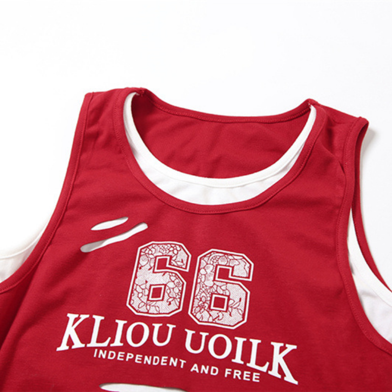 Crewneck hollow out figure pattern contrast cut out top