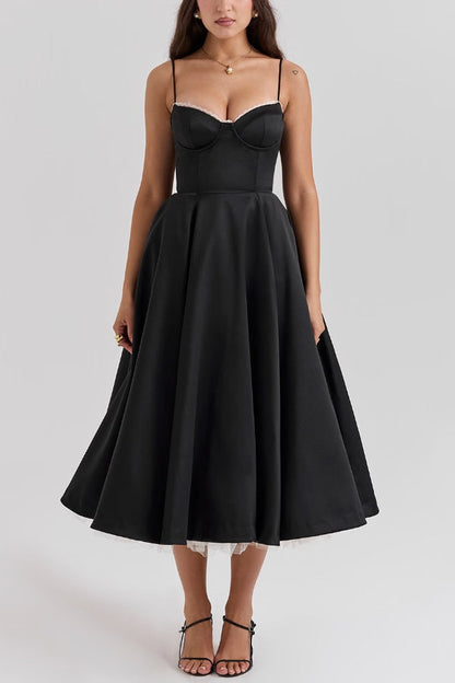 Lace Trim Sweetheart Corset Bodice Tulle Petticoat Fit and Flare Midi Dress