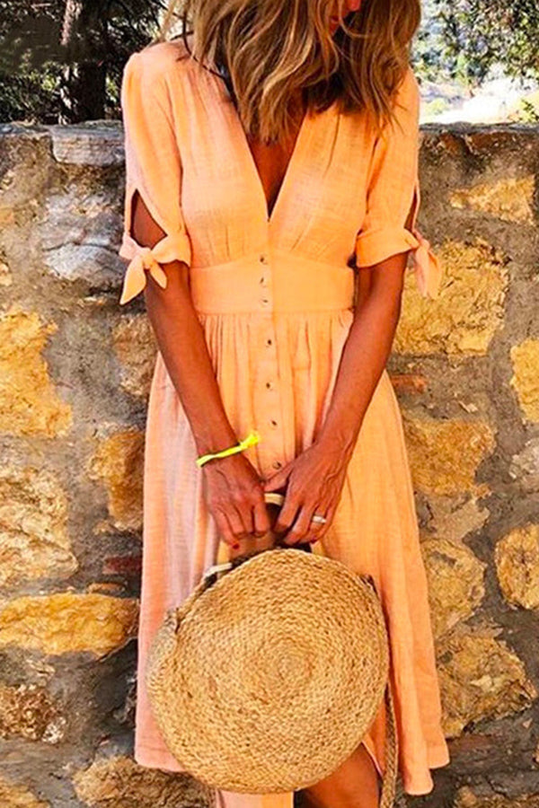 V Neck Bow Knot Sleeves Button Down Midi Swing Dress