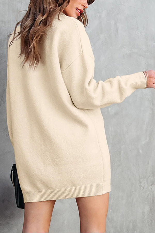 Apricot Polo Collar Knitted Mini Sweater Shift Dress