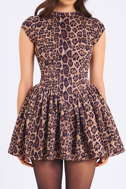 Print Mock Neck Cap Sleeve Gathered Pleated Flared Mini Dress
