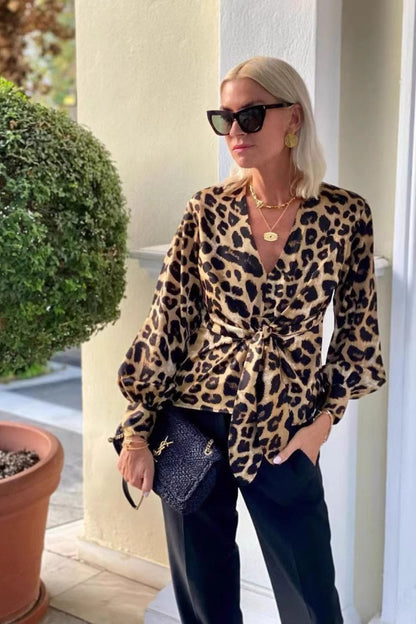 Leopard Print Tie Front V Neck Elegant Long Sleeve Blouse