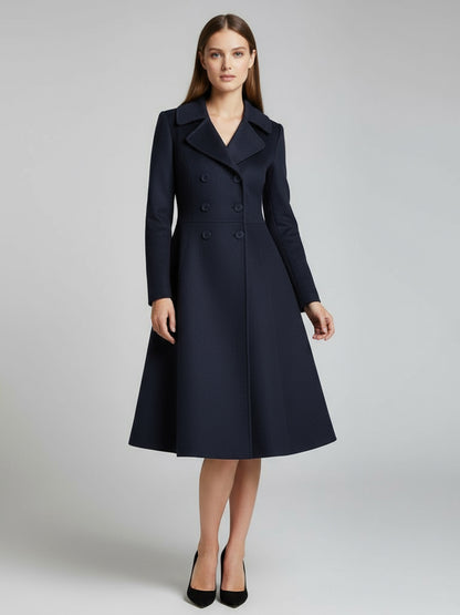 Double-Breasted Wool Blend Midi Coat With Flared A-Line Silhouette For Women 2026