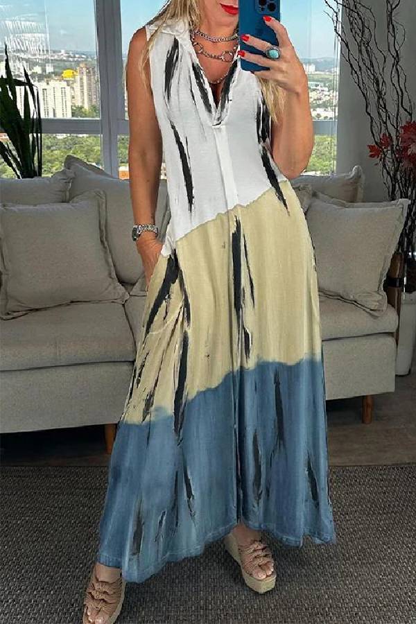 V Neck Sleeveless Color Block Printed Maxi Swing Dress