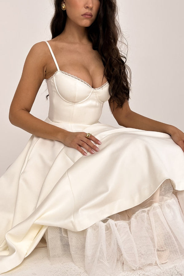 Lace Trim Sweetheart Corset Bodice Tulle Petticoat Fit and Flare Midi Dress