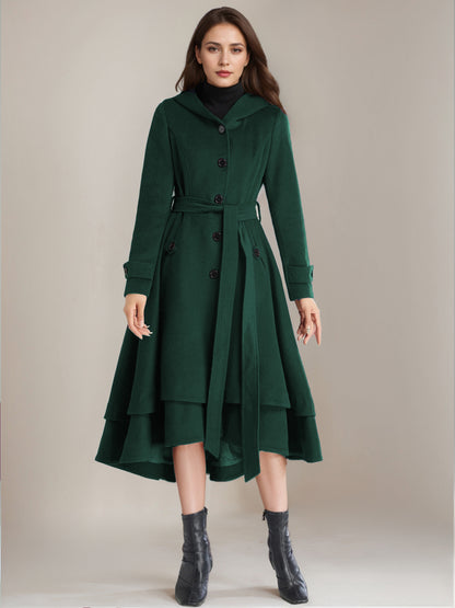 Woolen Flared Coat For Woman Hooded Belted A-line Vintage Winter Midi Outerwear 2026